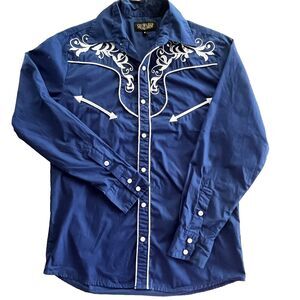 El Señor de los Cielos Cowboy Shirt Embroidered Pearl Snap Western Blue Small